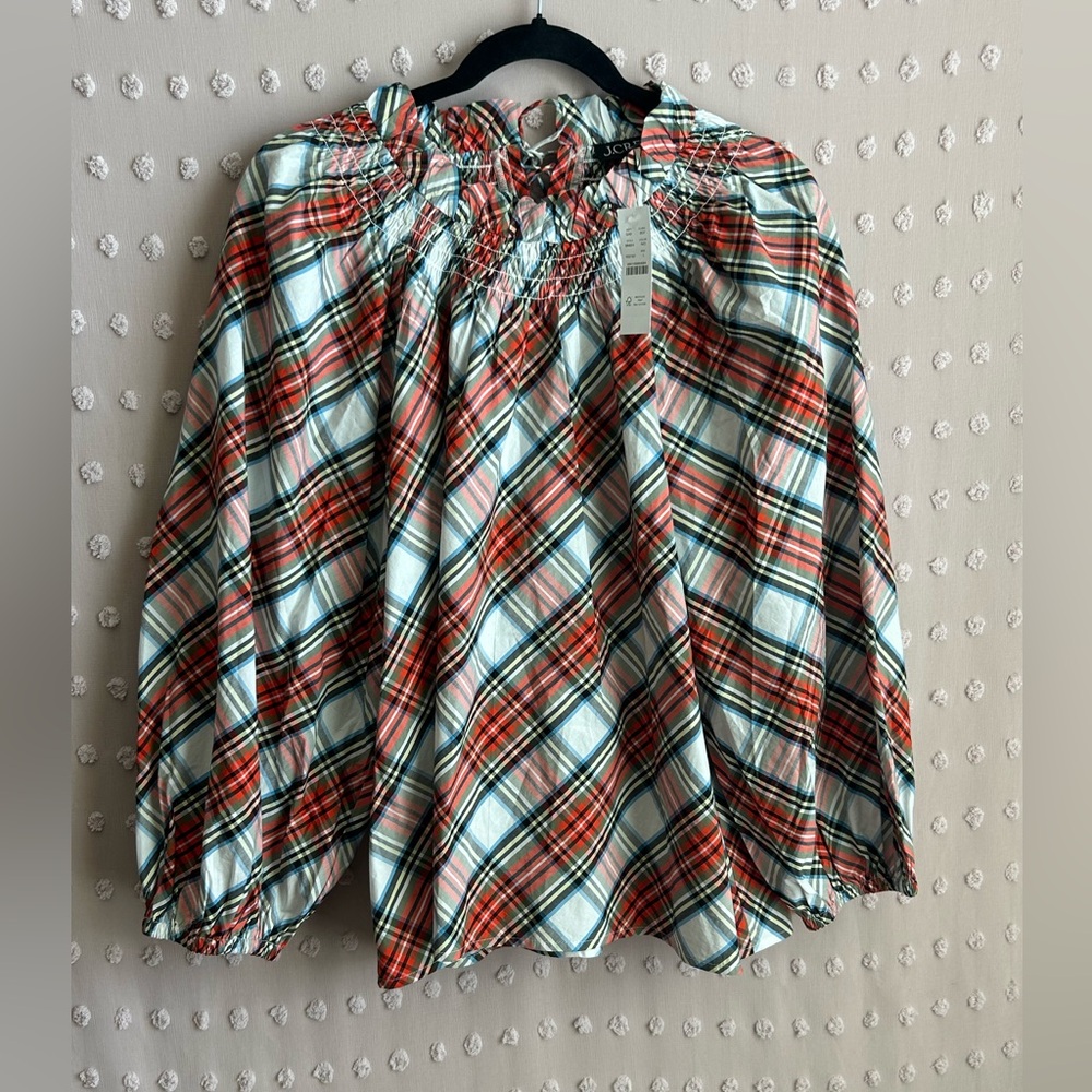 NWT J. Crew Smocked Neck Cotton Poplin Top Sz L Snowy‎ Stewart Tartan